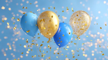 Blue and gold birthday celebration with floating balloons and shimmering golden confetti on vibrant blue background for party and festive decoration