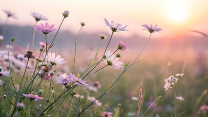 Naklejka premium wildflower field nature sunset landscape