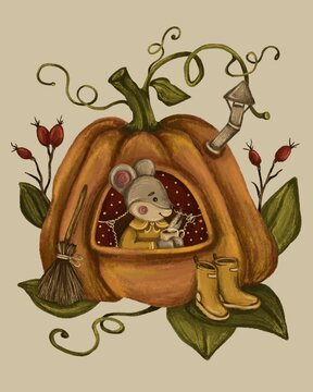 Illustration of a little mouse inside her house