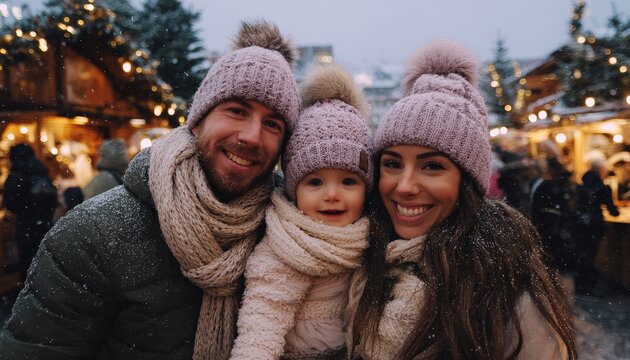 Happy family enjoys festive outdoor market setting during cold weather