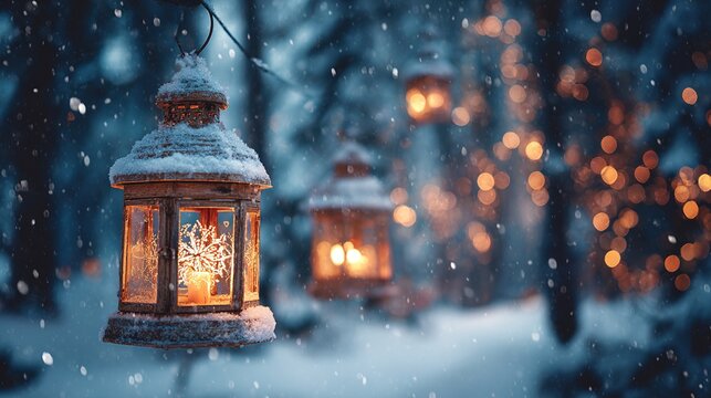 Snowy holiday landscape with glowing lanterns, blurred winter forest and frosty background, cozy warm atmosphere with festive Christmas and New Year copy space for text overlay. High quality