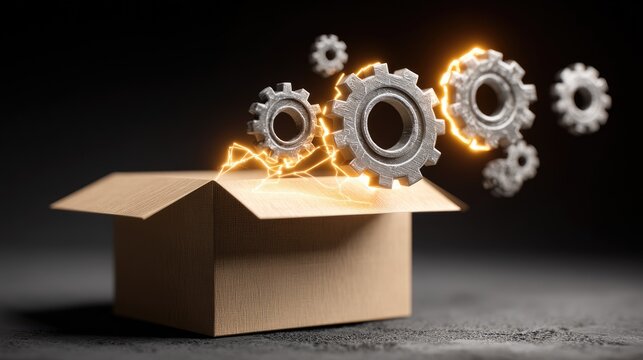 Concept of Innovation and Technology Featuring a Cardboard Box with Gears and Sparks Representing Ideas and Potential - Powered by Adobe