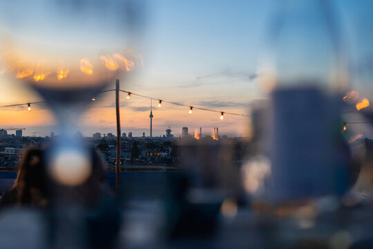 Night Berlin skyline view from a rooftop terrace