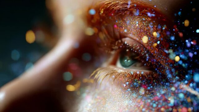 A stunning close-up of a human eye adorned with dazzling glitter and vibrant colors, capturing the mesmerizing beauty and intricate details of the surrounding sparkle and shine.