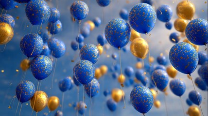 Blue birthday celebration background with floating gold balloons, elegant party decoration, shimmering confetti, and festive luxury atmosphere for invitations and event design