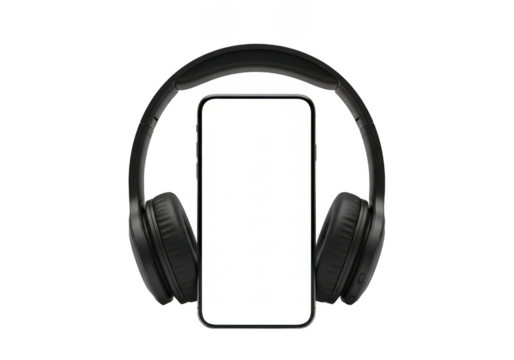 Black wireless overear headphone set positioned behind a modern smartphone with a blank white screen, isolated on transparent background