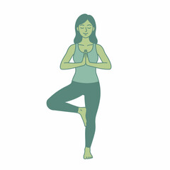 Woman in tree pose yoga position wearing green for wellness meditation mindfulness or balance exercise fitness branding
