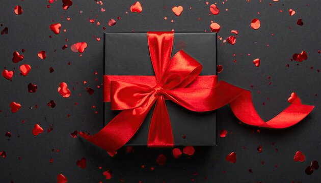 Elegant black gift box with luxurious red ribbon and scattered heart confetti for celebration.