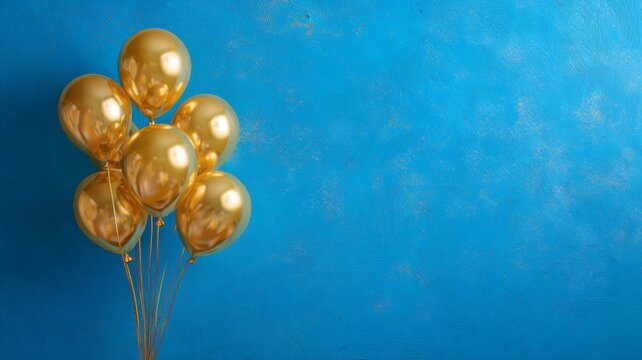 Blue birthday celebration background with floating gold balloons, elegant party decoration, shimmering confetti, and festive luxury atmosphere for invitations and event design