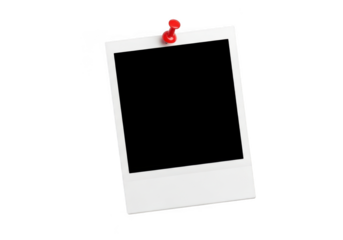 Blank instant photo frame with black center, pinned to a surface with a red thumbtack, isolated on transparent background