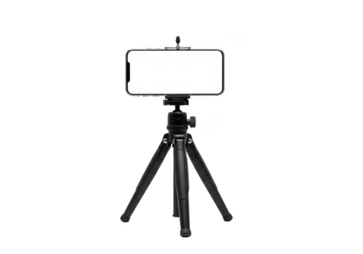 Small black tripod holding a modern smartphone with a blank white screen, isolated on transparent background - Powered by Adobe
