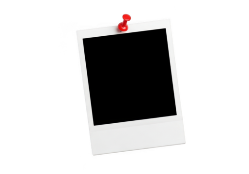 Blank instant photo frame with black center, pinned to a surface with a red thumbtack, isolated on transparent background