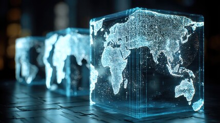 Futuristic Transparent Cubes Displaying World Map in Digital Format with Bright Glowing Elements