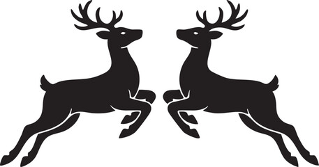 Symmetrical Pair of Jumping Reindeer Silhouettes, Black Vector Christmas and Wildlife Graphic