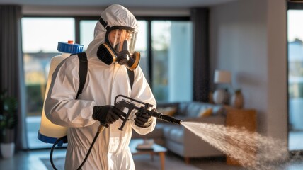 Professional sanitation worker disinfecting modern home interior with spray to keep families safe and healthy in the fight against viruses and bacteria