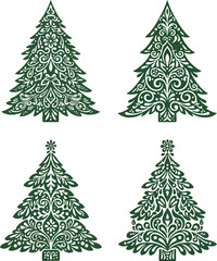 Set of Four Elegant Green Ornamental Christmas Trees, Baroque Flourish Vintage Decoration Vector