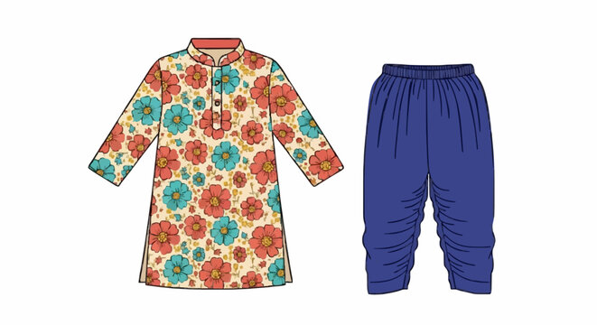 A colorful floral print kurta with blue salwar pants, presented as a flat lay.