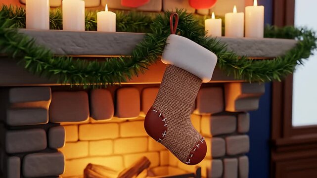Christmas stocking hanging on a fireplace mantel with lit candles and garland.