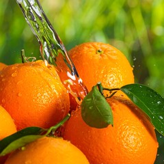 Fresh Oranges Being Washed with Water in a Garden.