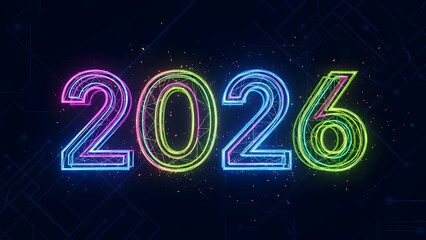 Glowing neon 2026 new year design colorful light effect perfect for festive backgrounds and digital displays