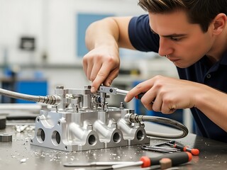 Focused young engineer assembling intricate precision machinery part in a modern workshop