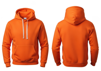 Front and back view of a plain orange hoodie sweatshirt with drawstring, isolated on transparent background