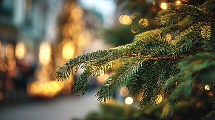 Close-up of delicate green evergreen tree branches with golden lights, blurred background emphasizing foreground elements, creating a festive atmosphere for Christmas and winter events. High quality