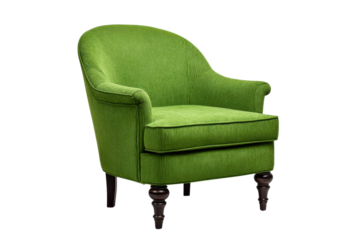 Bright green corduroy armchair with dark wooden legs on black background fabric upholstery, Isolated On White Background, Png Transparent