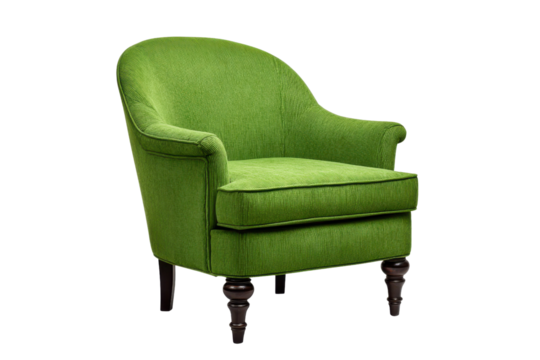 Bright green corduroy armchair with dark wooden legs on black background fabric upholstery, Isolated On White Background, Png Transparent
