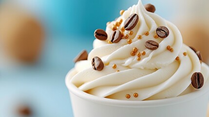Close-up of a swirl of whipped cream dessert topped with coffee beans and gold sprinkles, in a white cup, against a blurred blue background.