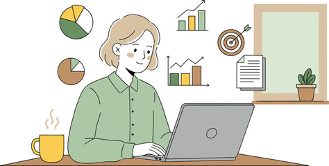 Young woman working remotely on laptop with coffee, charts, graphs, target icon, growth data, business report, freelance productivity, goal tracking, digital workplace scene