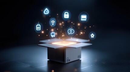 Conceptual representation of technology and innovation emerging from an open box with digital icons and glowing effects