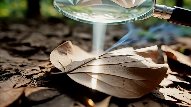 A close-up shot of a magnifying glass focusing sunlight onto a dry leaf, causing it to smoke and ignite. This demonstrates the power of concentrated solar energy