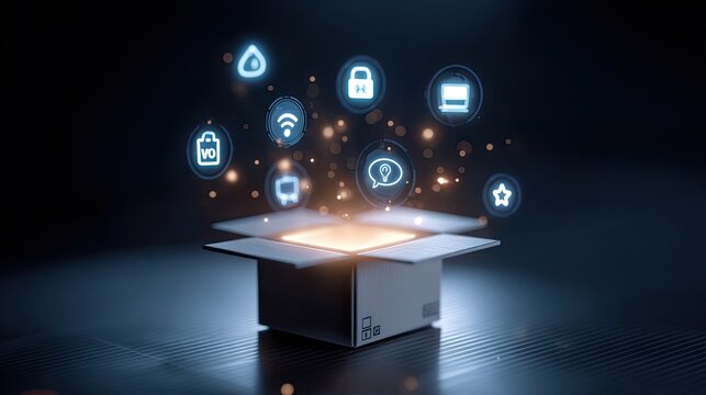 Conceptual representation of technology and innovation emerging from an open box with digital icons and glowing effects