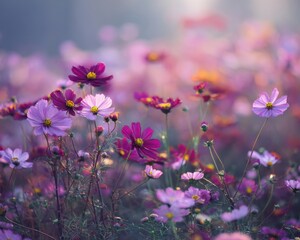 Field of pink and purple cosmos flowers in soft morning light with bokeh floral nature