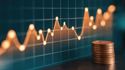 Visualize investment growth with a dynamic chart and shining coins, ideal for financial reports, business presentations, and modern marketing campaigns