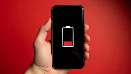 Hand Holding Smartphone with Low Battery Icon on Screen Against Red Background