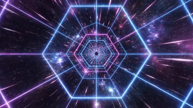 Seamlessly looping neon blue and magenta sci-fi grid tunnel moving through digital hyperspace abstract animation line, vjloop, fast