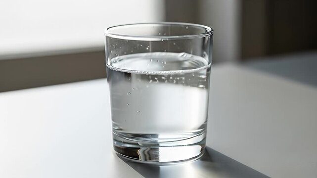 A glass of water on a table.