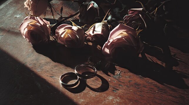 Elegant wedding rings alongside delicate pink roses on a rustic wooden surface, illuminated by soft natural light - Powered by Adobe