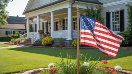 American flag waving proudly in front of beautiful home with manicured lawn, perfect for real estate marketing or patriotic holidays