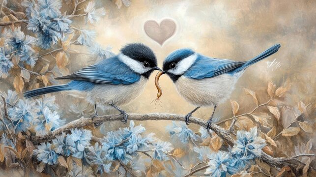 Two birds sharing a worm on a branch, with a heart symbol above them. The scene is romantic and depicts love and affection.