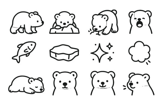 Polar Bear Icons. Cute polar bear illustration. Line outline icon set of Cute polar bear illustration: polar