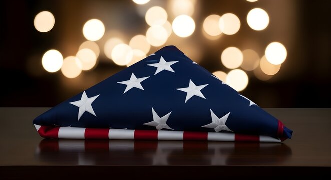 Folded american flag with prominent white stars and red stripes, symbolizing patriotism, remembrance, and national pride, against a glowing bokeh light background. - Powered by Adobe