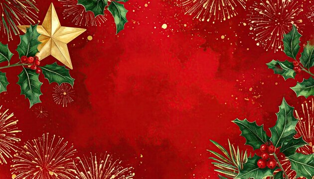 Festive Christmas background with golden star holly and sparkling fireworks. - Powered by Adobe