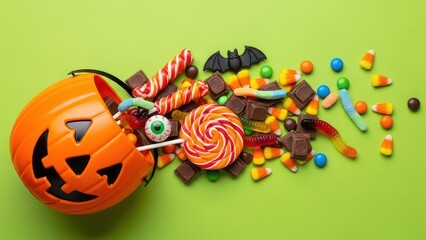 Spilling out of a jack o lantern bucket a colorful assortment of halloween candies and treats on a bright green background