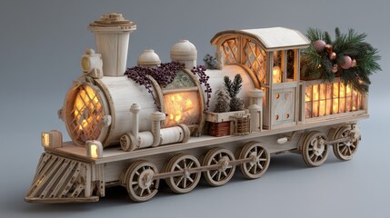 Intricate Wooden Train Model with Warm Lighting and Festive Decor, Ideal for Holiday and Winter Themes