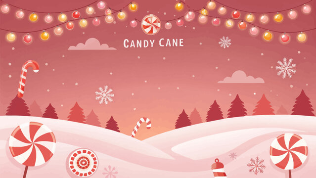 Vector christmas illustration of a winter scene with candy canes, lollipops, trees, snowflakes, and string lights in pink tones