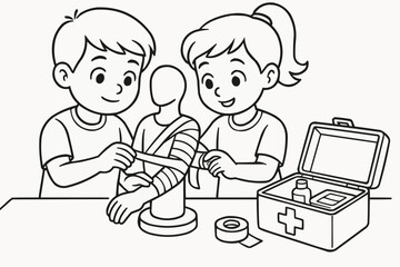 Children's coloring book - Kids practicing first aid using bandages and first aid kit  