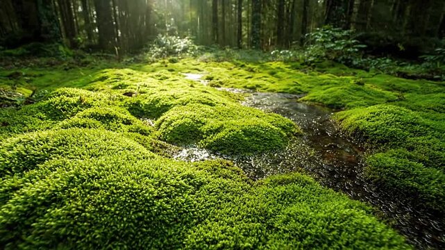 Sweeping shot showcasing a verdant forest floor blanketed entirely by a diverse tapestry of moss, bathed in dappled sunlight filtering through a dense canopy above.